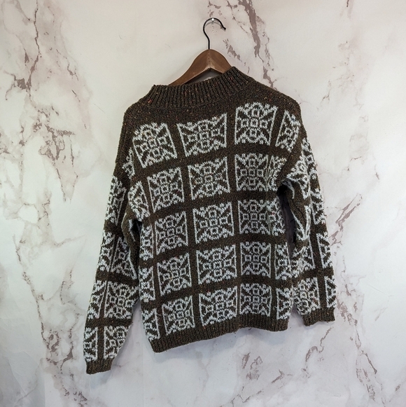 Vintage Sweater Womens Large Brown Medallion Boho Granny Square 90s Knit Pattern - Picture 5 of 10